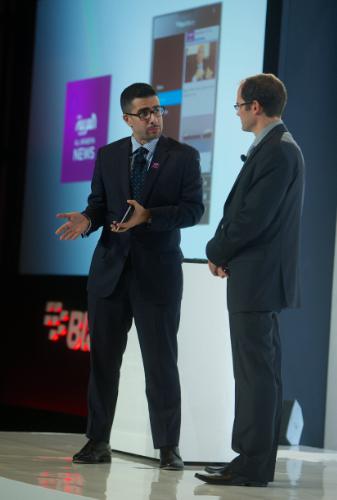 Faisal J. Abbas, Editor in Chief of Al Arabiya News (left) and Christopher Smith, Vice President of Software Applications and Platform at BlackBerry, during the launch of Al Arabiya News' new app for BlackBerry 10.